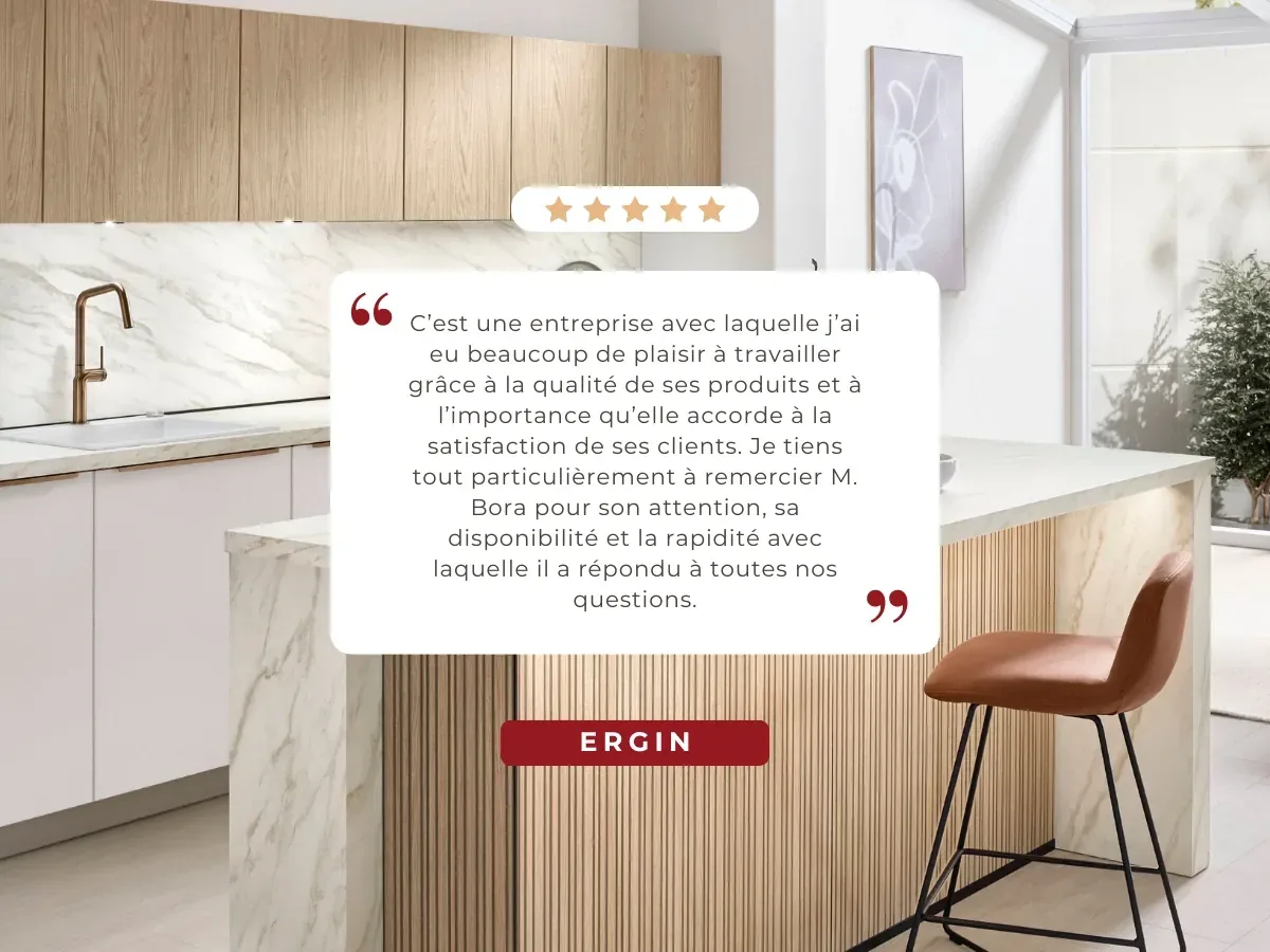 Avis client 5 étoiles de Cuisines ELITE mettant en avant la qualité des produits, la satisfaction client et le professionnalisme de Bora tout au long du projet de cuisine.