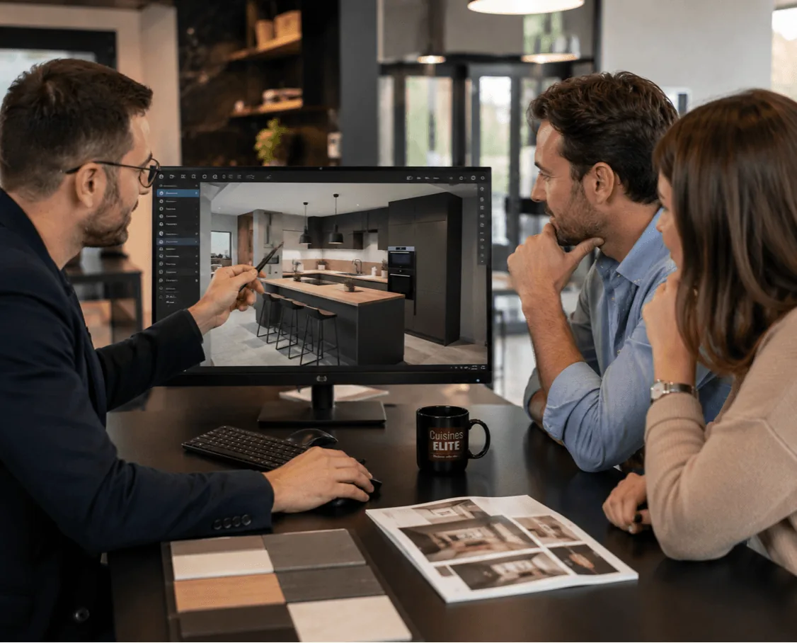 Présentation d’un projet de cuisine équipée en 3D par un concepteur Cuisines ELITE lors d’un rendez-vous personnalisé.