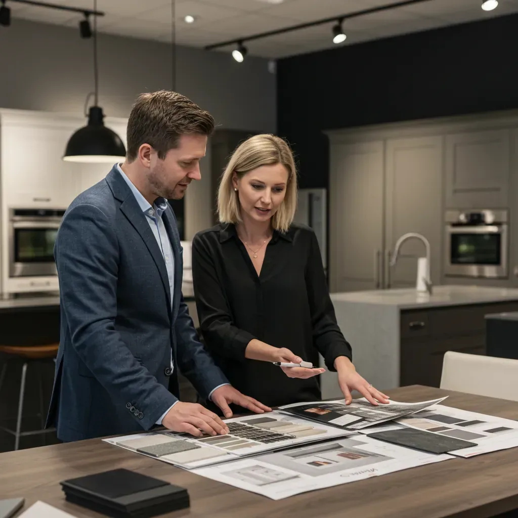 Un couple choisit ses façades et ses matériaux sur les échantillons étalés devant lui en showroom