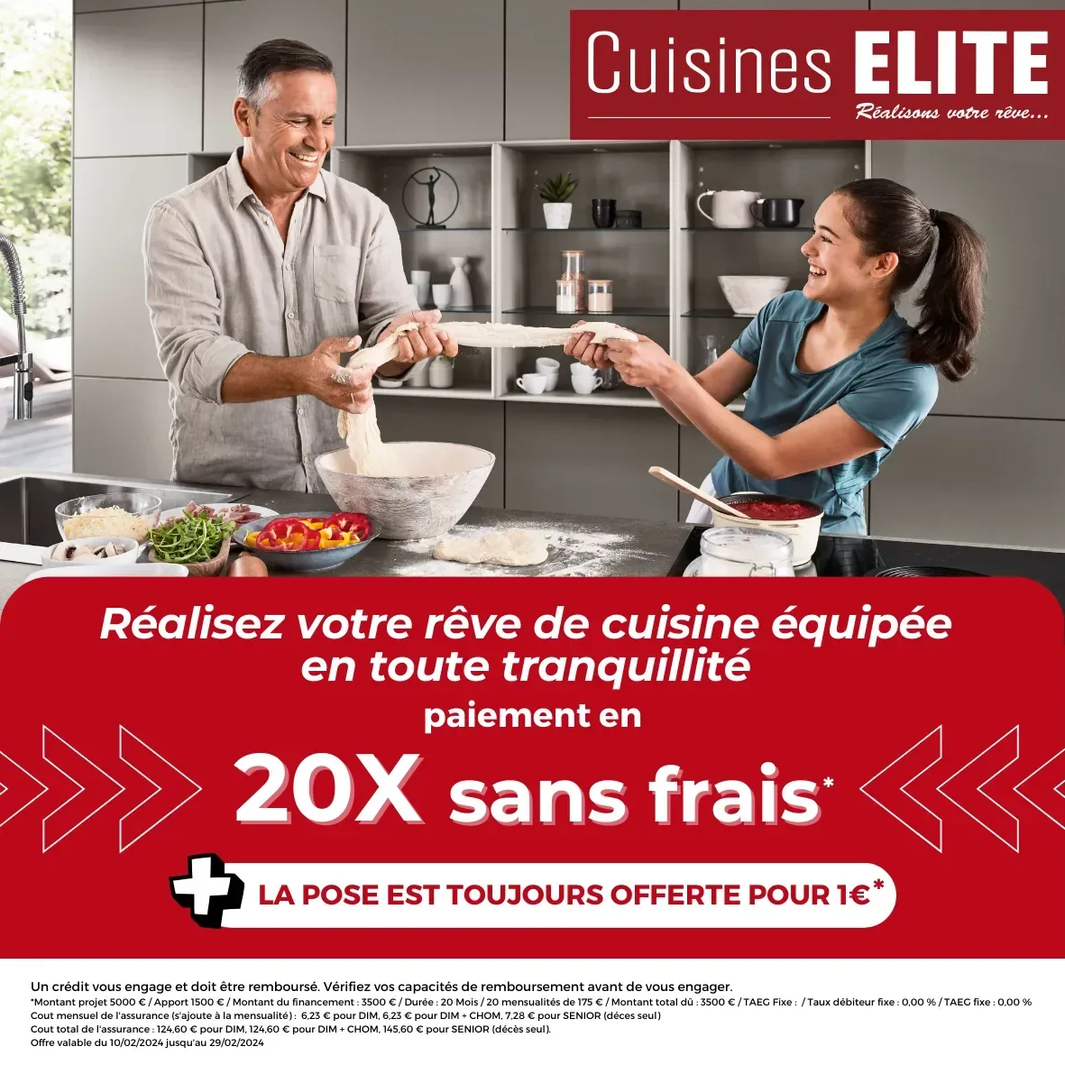 Affiche Cuisines ELITE "20X sans frais et pose offerte pour 1€", père et fille cuisinant
