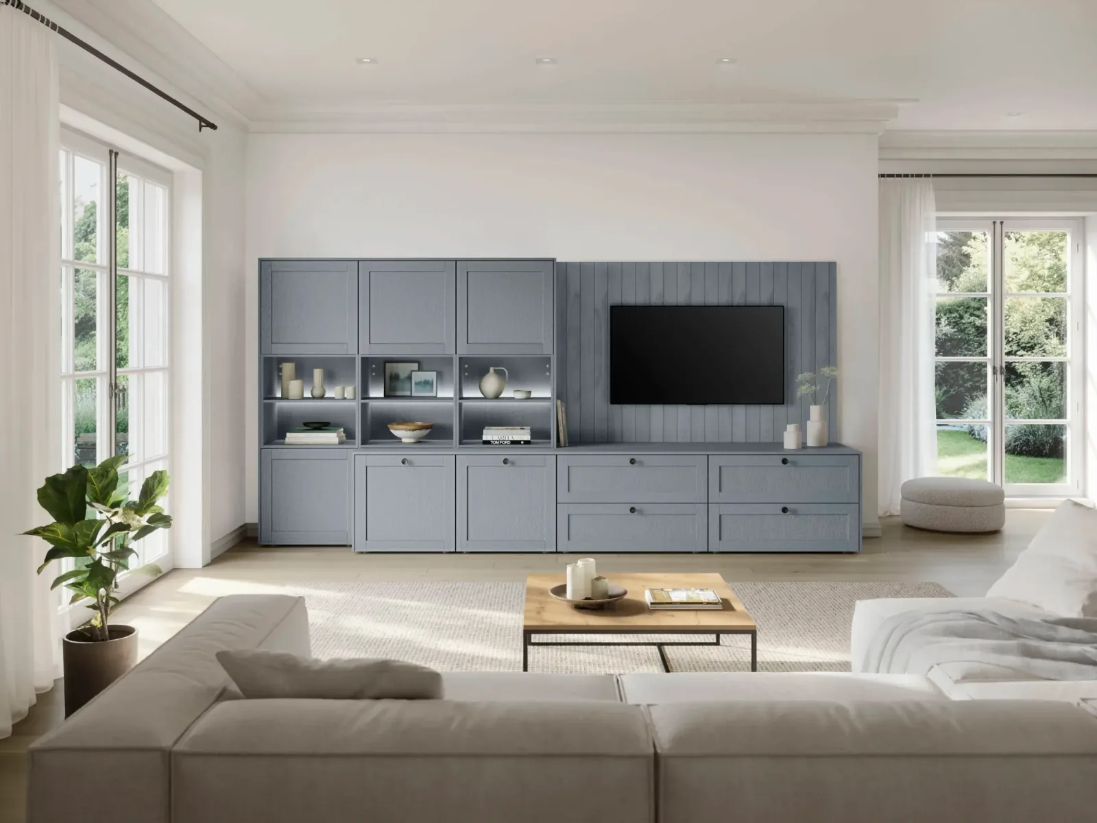 meuble tv contemporain bleu pastel avec rangements