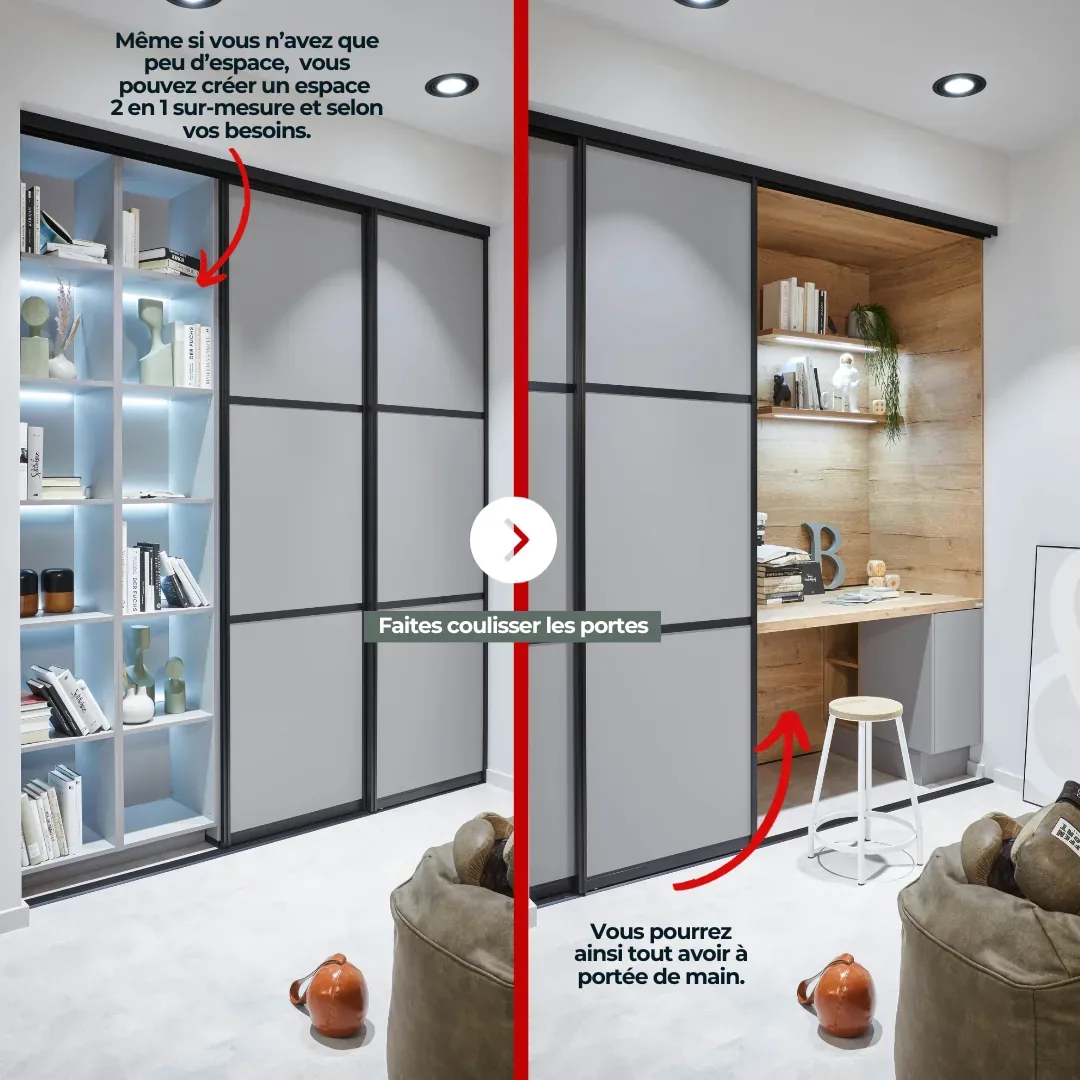 Aménagement petit espace sur mesure avec bureau caché derrière portes coulissantes