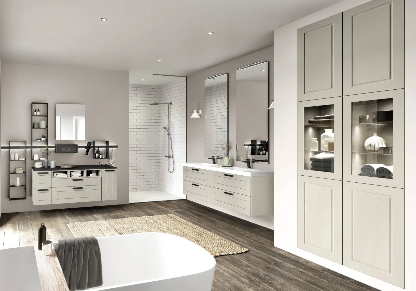 Aménagement salle de bain sur mesure avec double vasque, colonnes vitrées et baignoire îlot