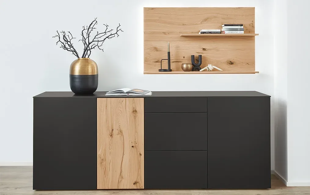 Buffet noir mat caisson XL avec façade bois et étagère murale assortie