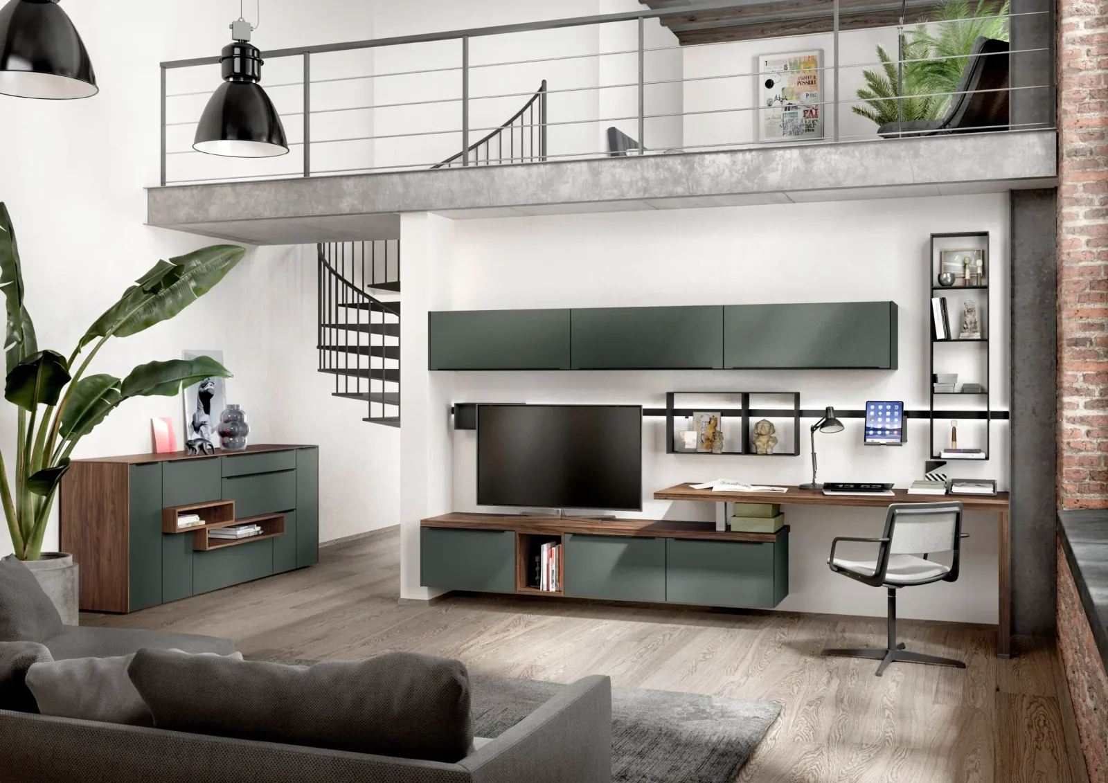 Bureau et meuble TV sur mesure vert et bois dans un salon style loft industriel