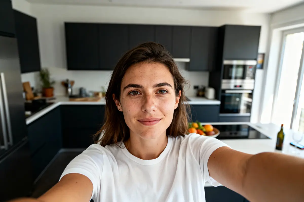 Cliente Cuisines ELITE prenant un selfie dans sa cuisine noire équipée
