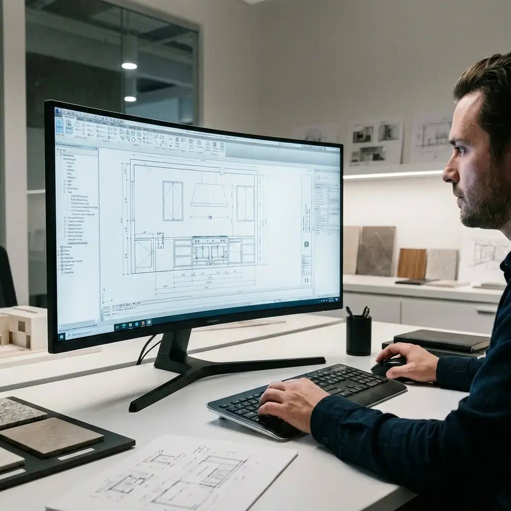 Concepteur travaillant sur un plan 3D de cuisine sur écran d’ordinateur avec échantillons de matériaux