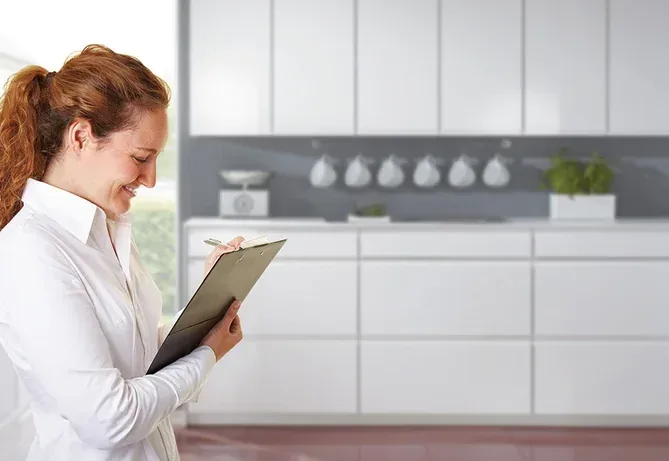 Conseillère dédiée Cuisines ELITE prenant des notes devant une cuisine blanche