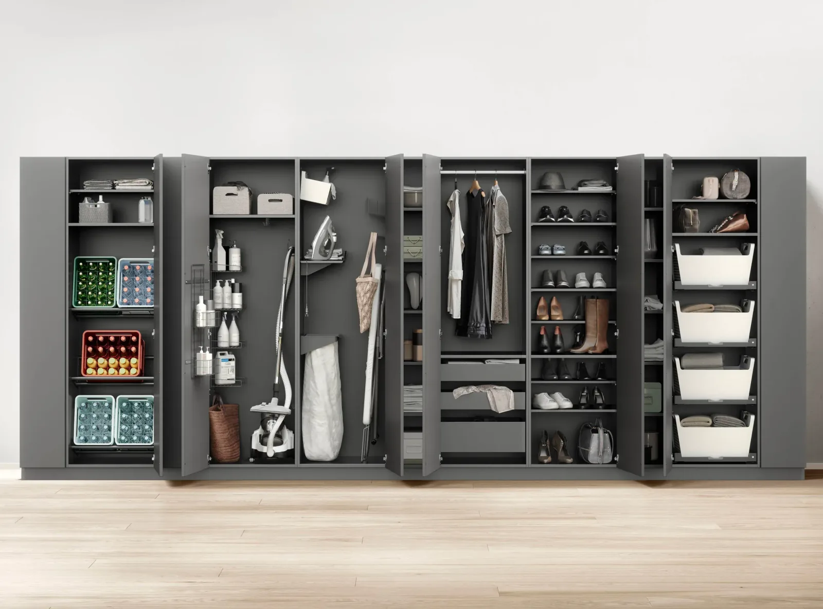 Dressing et buanderie intégrés dans une colonne modulaire grise sur mesure
