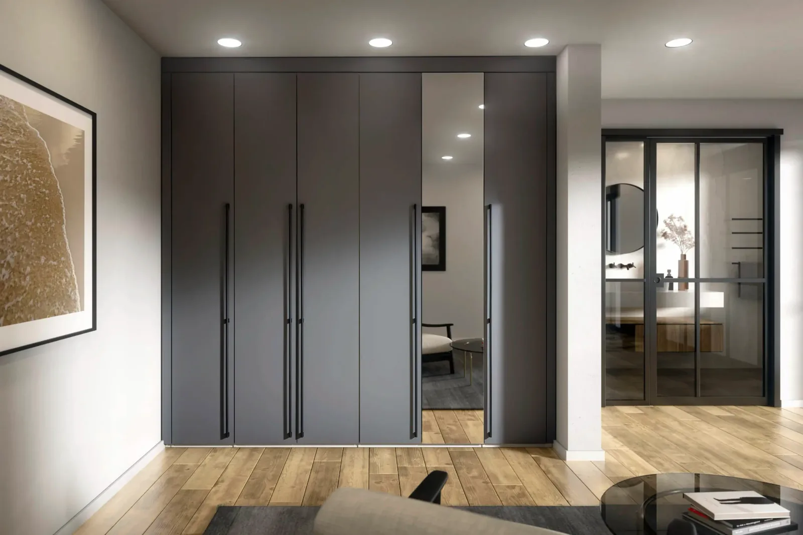 Dressing sur mesure avec placards gris anthracite et porte miroir, poignées noires filantes