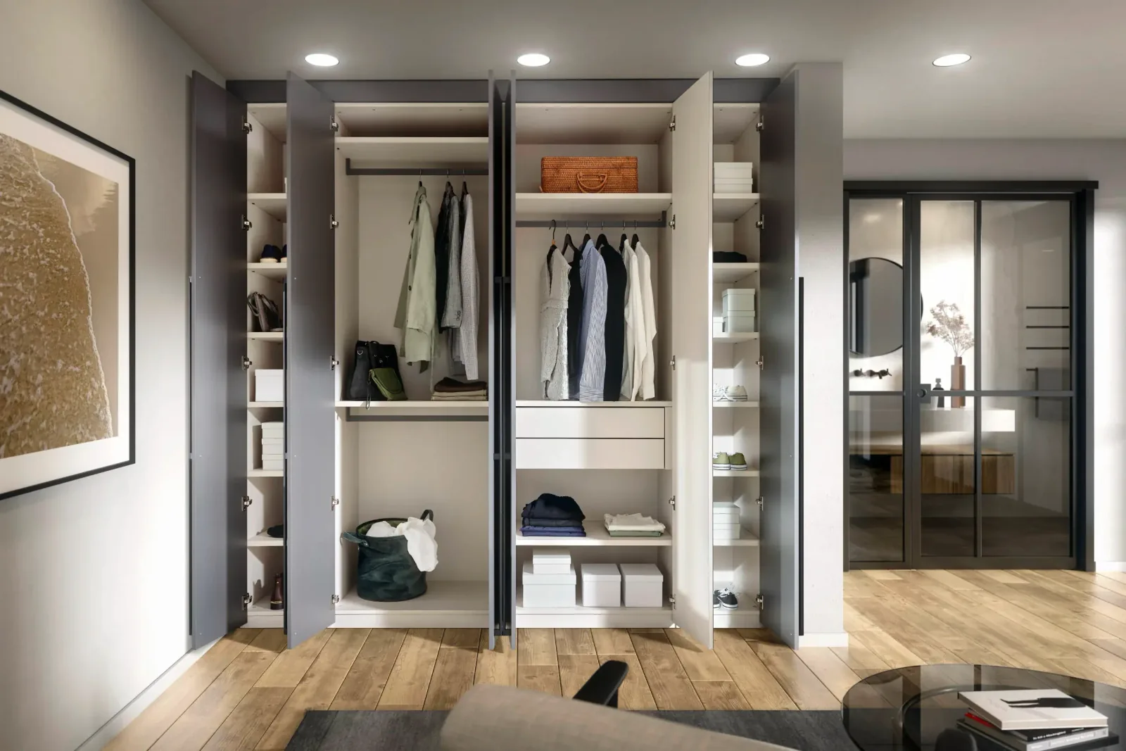 Dressing sur mesure ouvert avec penderie, étagères et tiroirs de rangement personnalisés