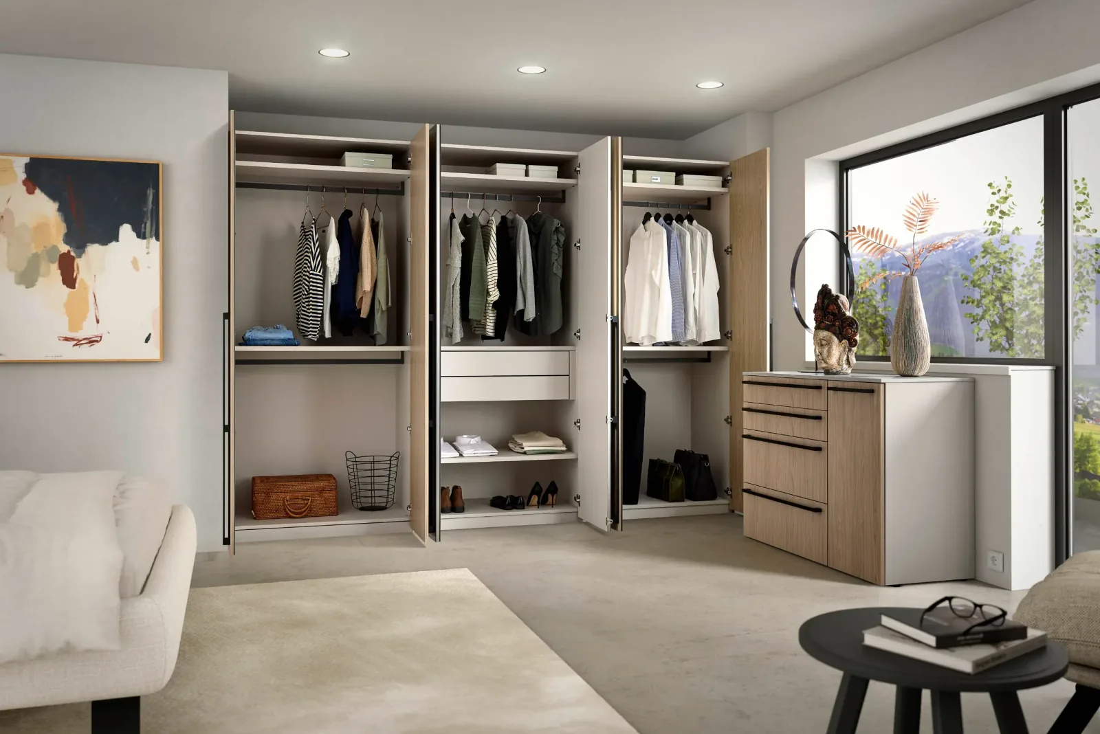 Dressing sur mesure ouvert en bois et blanc avec penderies et îlot central