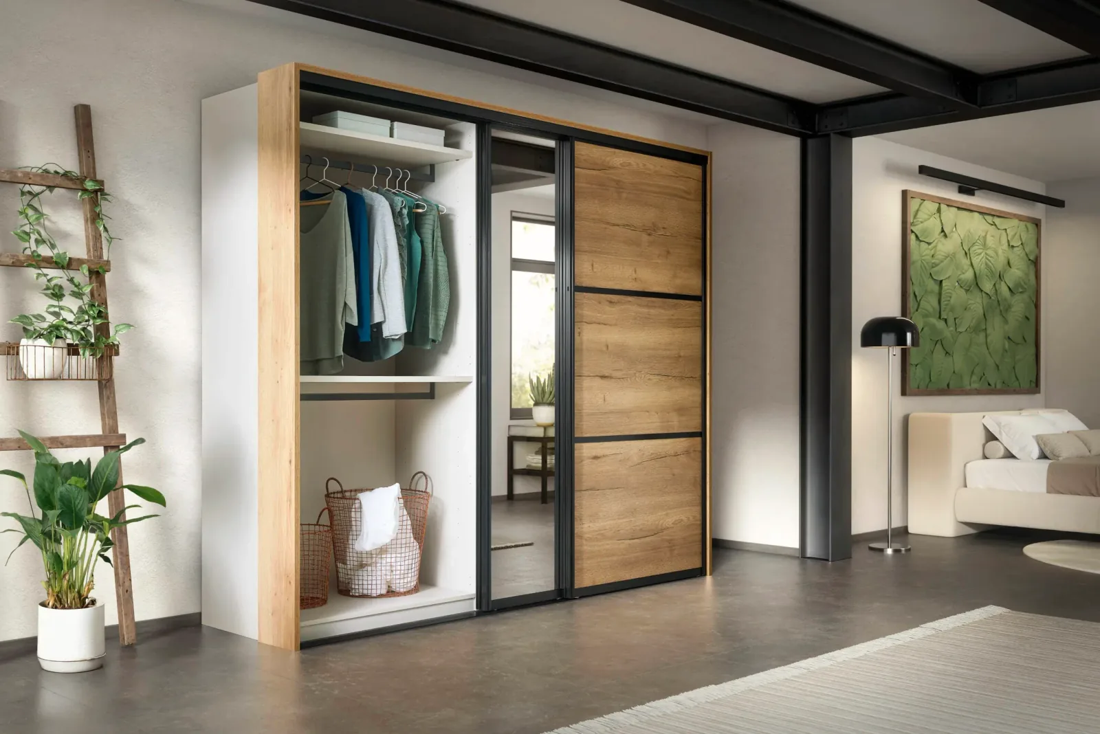 Dressing sur mesure avec porte coulissante bois et miroir, penderie et rangements intérieurs