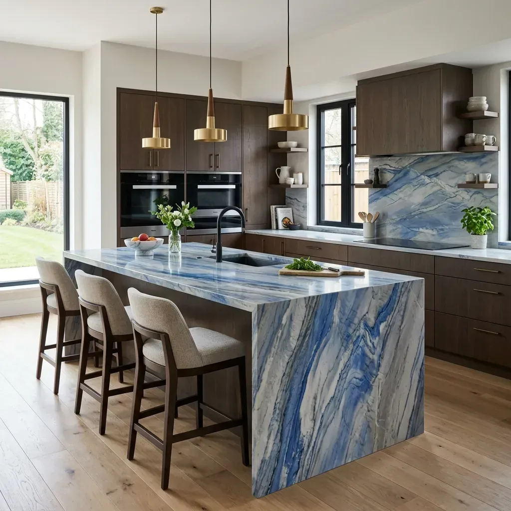 Îlot de cuisine en quartzite bleu veiné avec suspensions dorées et façades bois foncé