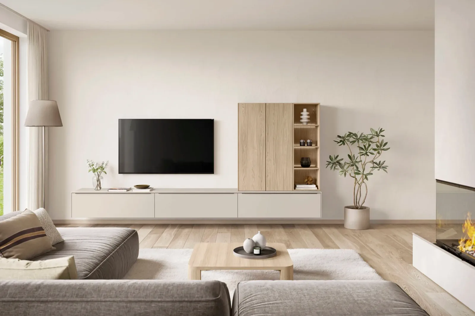 meuble tv minimaliste beigne et bois clair