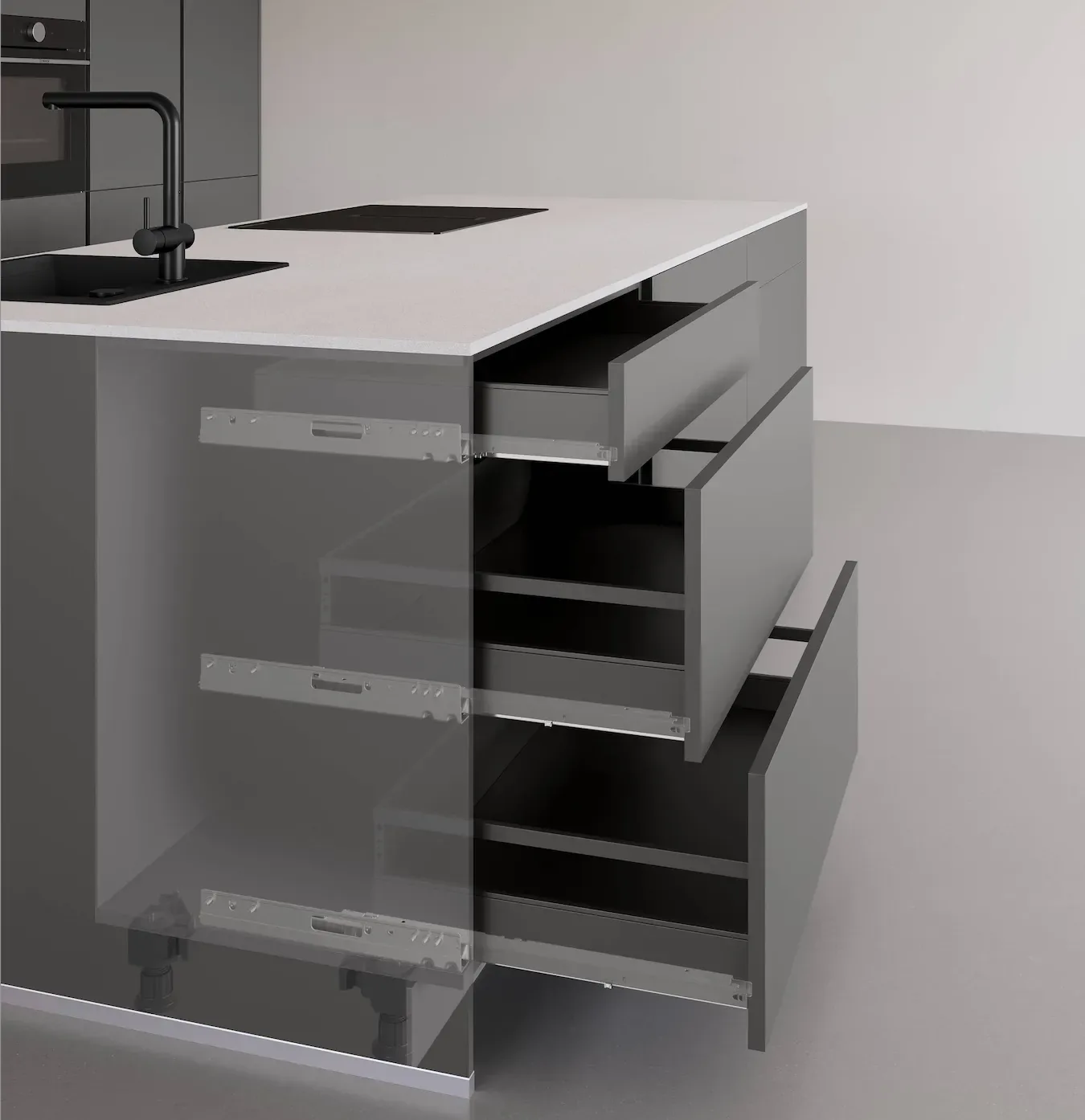 Vue en transparence des mécanismes de tiroirs coulissants d’un casserolier de cuisine gris