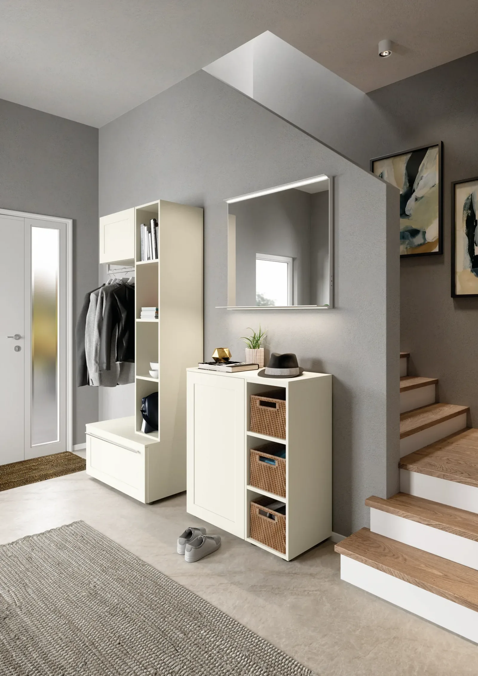 Meuble d’entrée sur mesure beige avec penderie, banc et rangement à chaussures