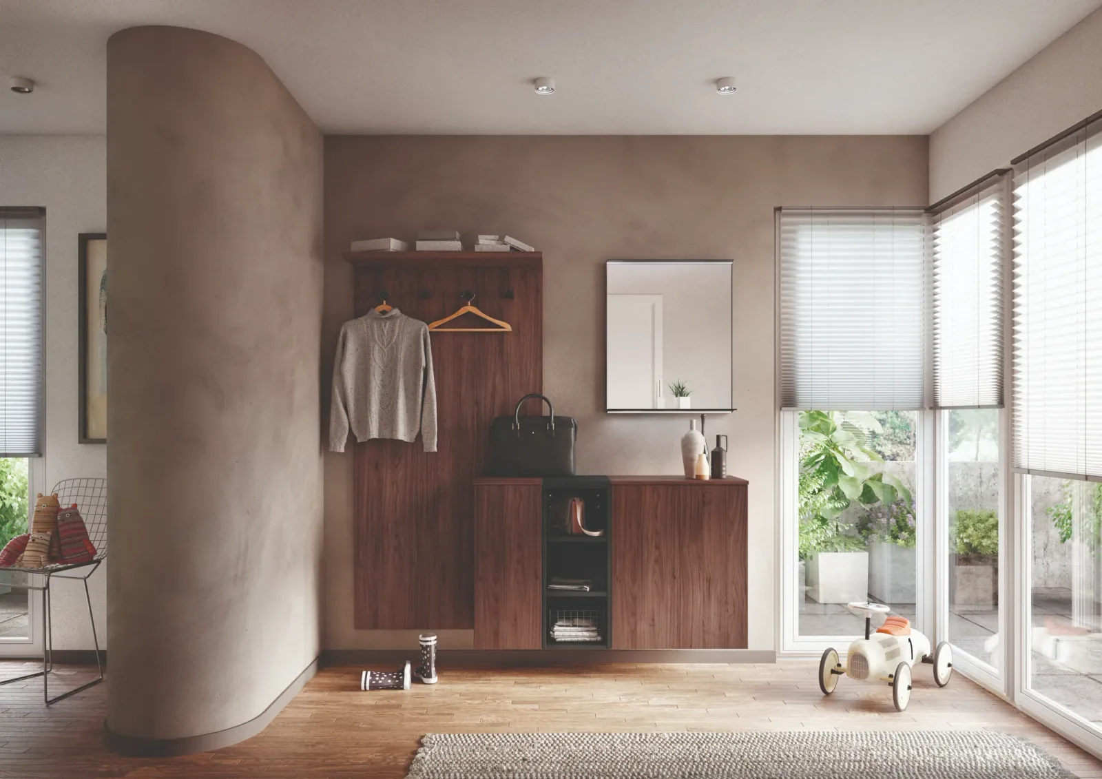Meuble d’entrée bois sur mesure avec patères, banc et miroir lumineux