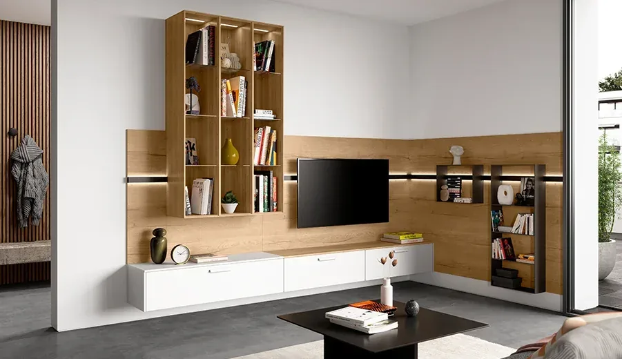 Meuble TV et bibliothèque bois avec rangements blancs et éclairage LED intégré