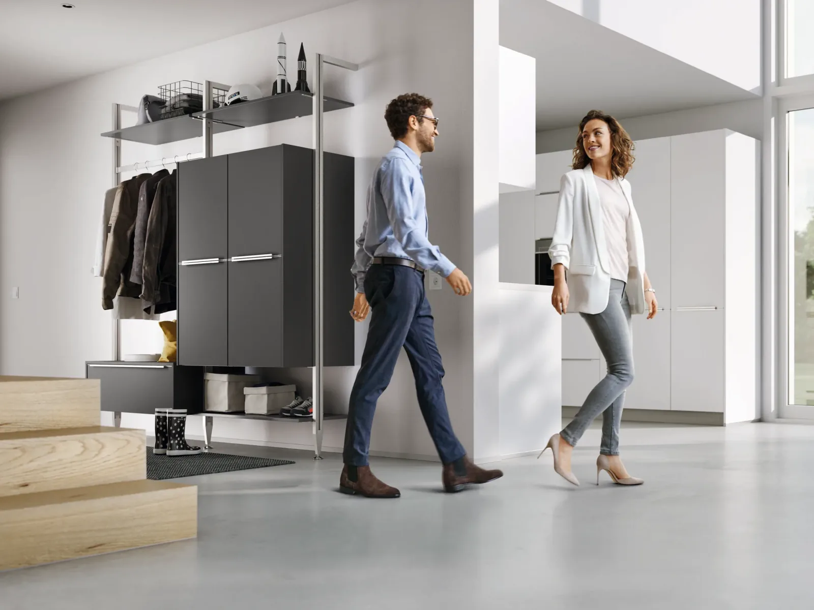 Mobilier d’entrée moderne avec penderie, colonne de rangement et étagères sur pieds