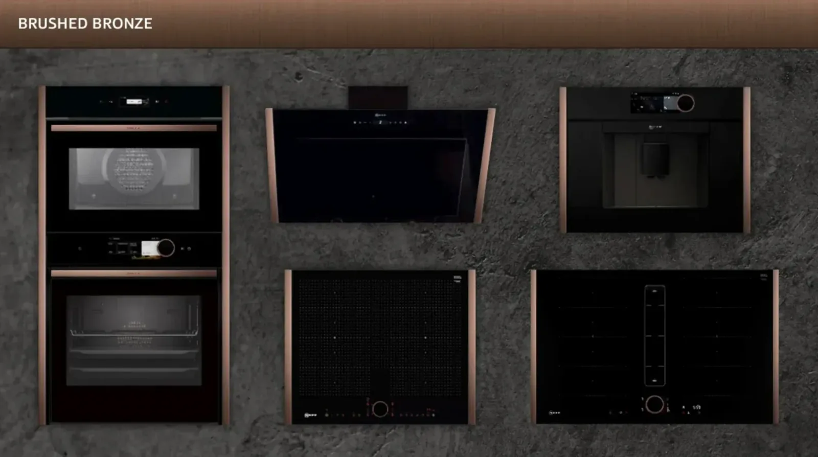 Gamme d’électroménagers encastrables Neff finition bronze brossé, four, plaque et hotte