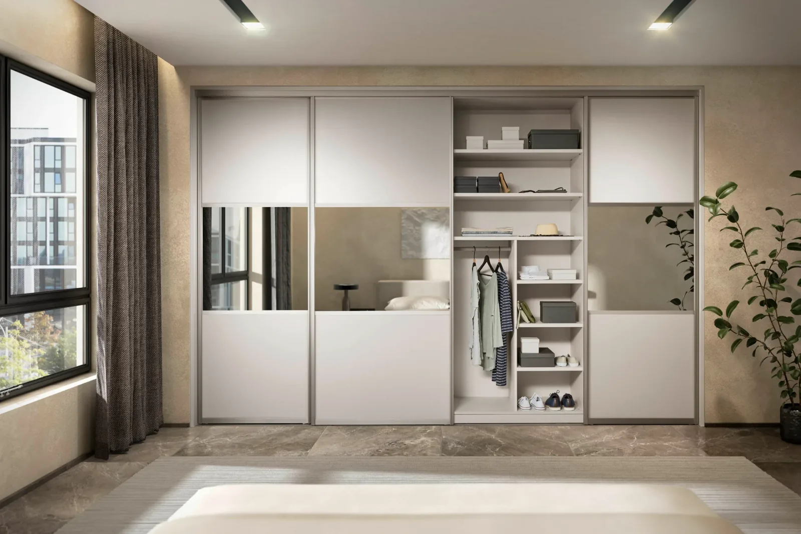 Placard dressing sur mesure avec portes coulissantes blanches et miroir, penderie ouverte