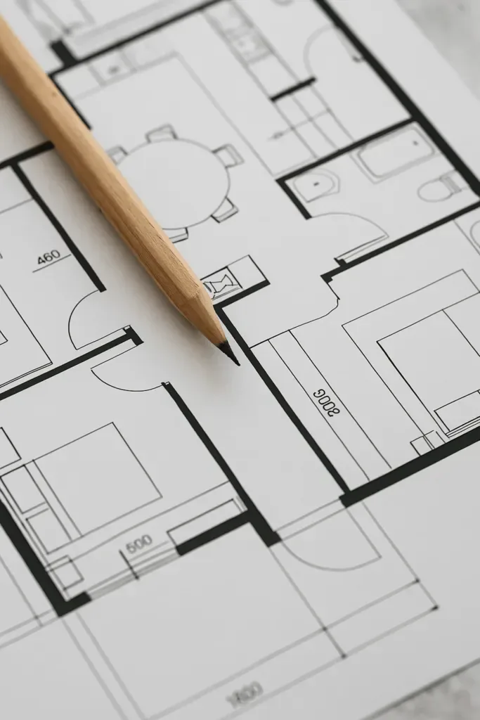 Plan technique d’une cuisine sur mesure avec cotes et crayon