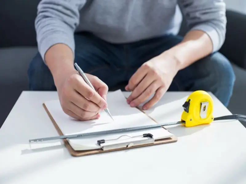 Homme prenant des notes sur presse-papier avec mètre ruban pour prise de mesures