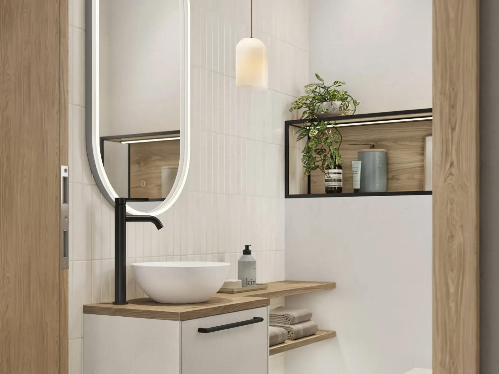 Salle de bain blanche et bois avec vasque à poser, robinet noir et miroir ovale lumineux