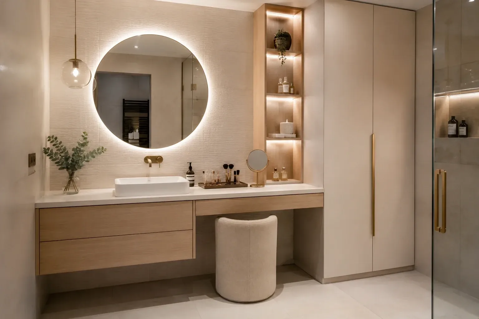 Salle de bain bois moderne sur mesure avec meuble vasque suspendu, miroir rond lumineux et coiffeuse intégrée