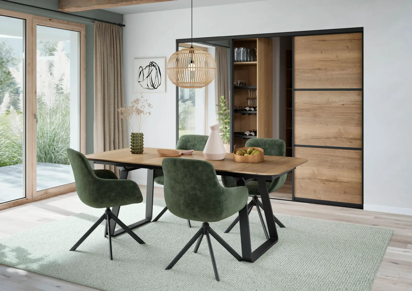 living table bois et chaises vertes