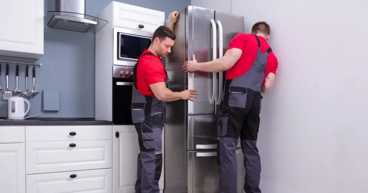 Techniciens Cuisines ELITE installant un réfrigérateur inox dans une cuisine
