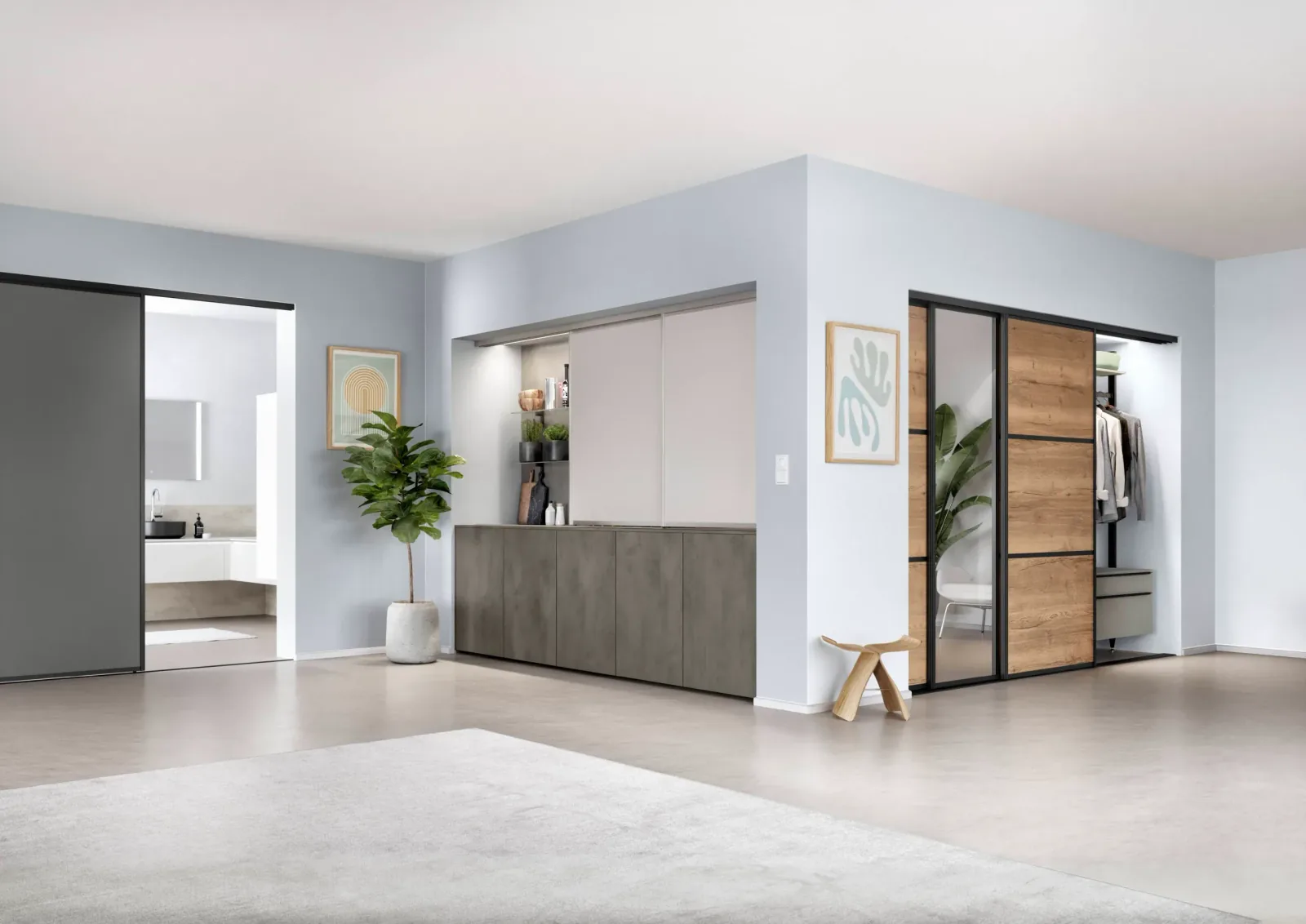 Vestiaire avec portes coulissantes bois, ouvert sur penderie et dressing