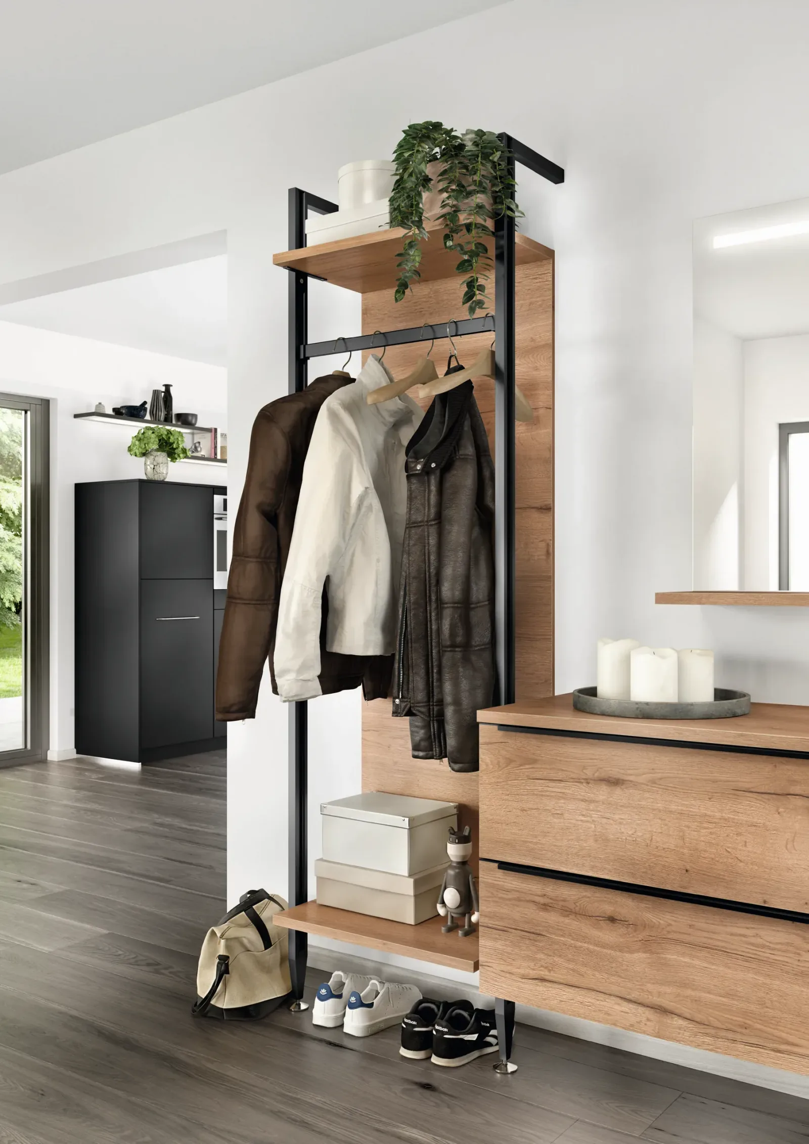 Vestiaire d’entrée sur mesure bois avec penderie ouverte et meuble à tiroirs